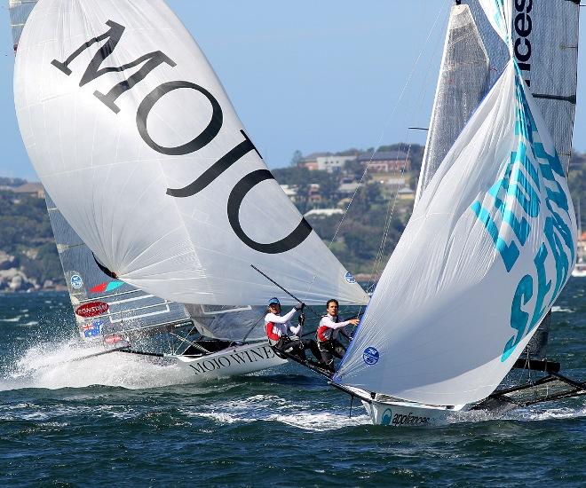 The battle is on for third place between appliancesonline and Mojo Wine - 2015 JJ Giltinan 18ft Skiff Championship © Frank Quealey /Australian 18 Footers League http://www.18footers.com.au